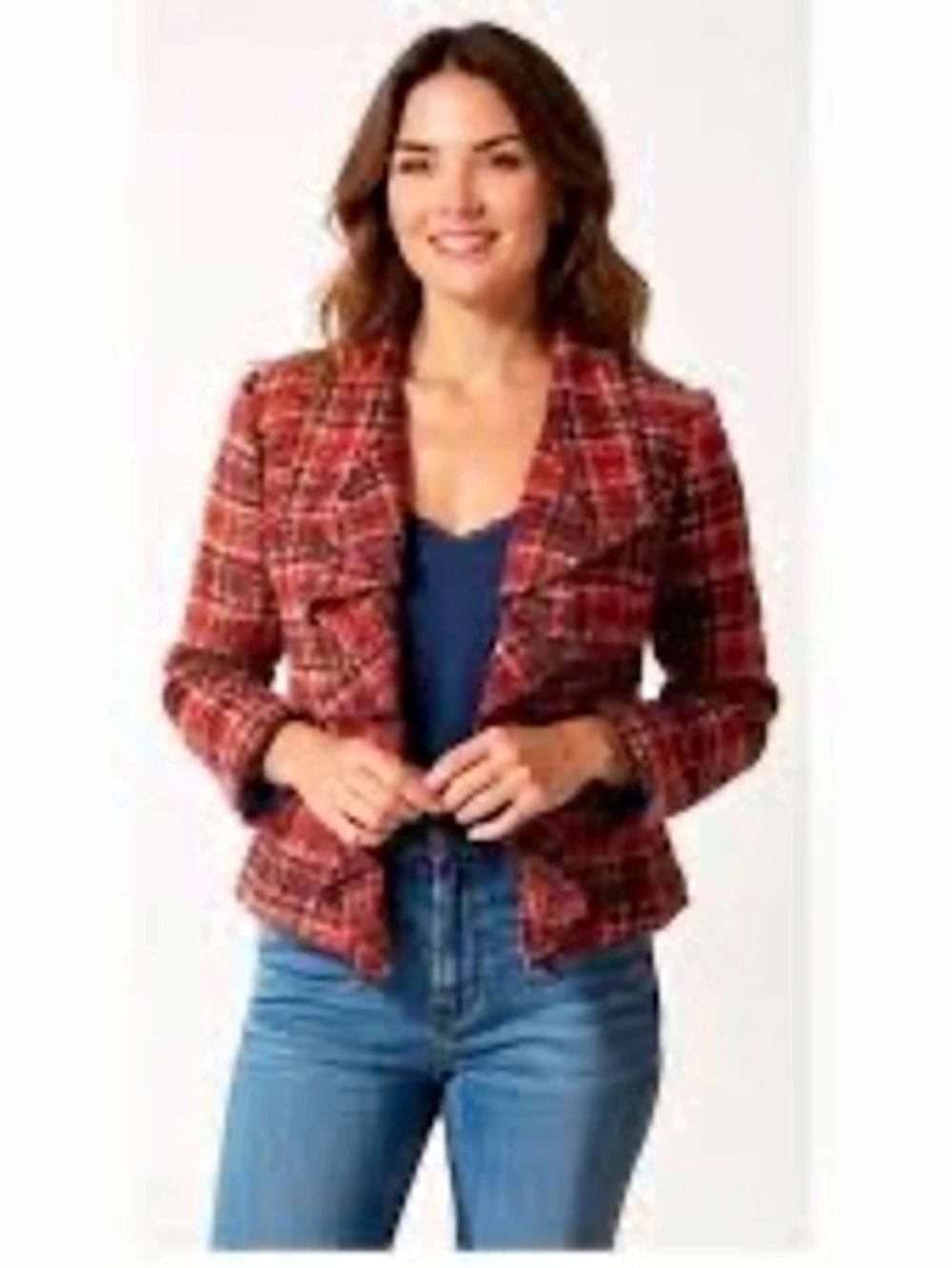 NWT Anthropologie ruffled plaid belted jacket Red Sz. 0